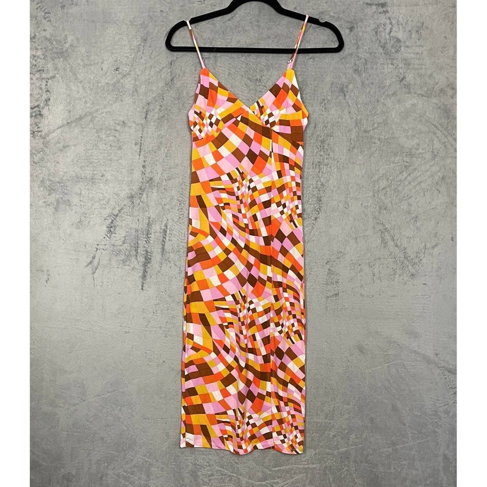 Y2K Psychedelic Print Satin Midi Slip Dress Small Indie Sleaze Bodycon Festival
